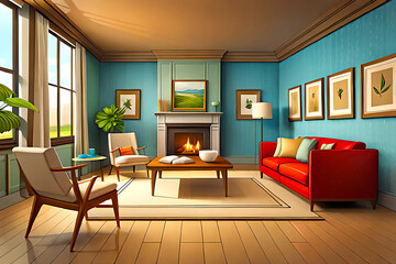 Luxurious Living Room with Elegant Furniture and Stylish Lighting. Cartoon Interior background. Vibrant color Illustration. Generative Ai.