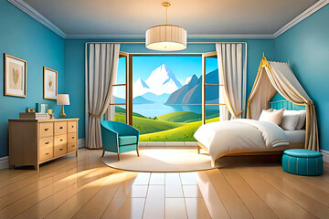 Dreamy cartoon indoor cozy canopy bedroom background for a child's room