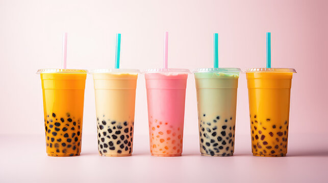 Commercial photography, variety of bobba bubble milk tea in transparent plastic cups standing in a line isolated on flat pastel background.