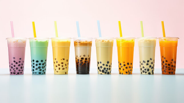 Commercial photography, variety of bobba bubble milk tea in transparent plastic cups standing in a line isolated on flat pastel background.