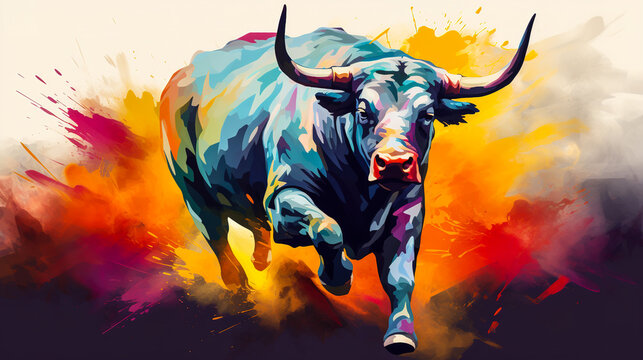 Angry bull running illustration vector in abstract mixed grunge colors digital painting in minimal graphic art style. Digital illustration generative AI.