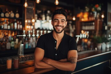 Fototapeta premium Young male latin waiter working in a cafe bar in the city portrait