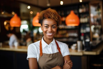 Obraz premium Young female african american bartender working in a cafe bar in the city