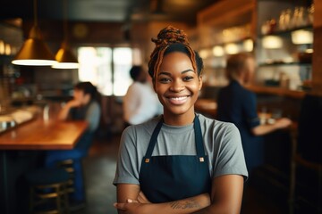 Young female african american bartender working in a cafe bar in the city
