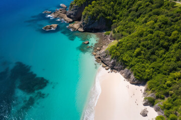 Serene Aerial View of a Hidden Paradise - Secret Beach with Crystal Clear Turquoise Waters, Pristine White Sand, and Lush Greenery
