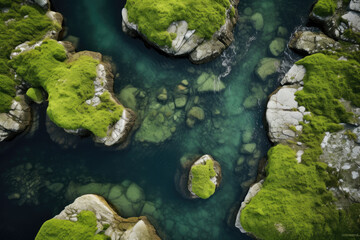Serene Aerial View of Enchanting Moss-Covered Rocks Amidst Lush Greenery and Glistening Waters