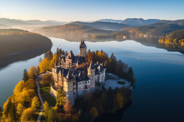 Majestic Aerial View of a Fairy Tale Castle Amidst Enchanting Surroundings, Bathed in Golden Sunlight - obrazy, fototapety, plakaty