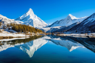 Obraz premium Majestic Snow-Capped Peaks Reflecting in Crystal Clear Waters Under a Perfect Blue Sky