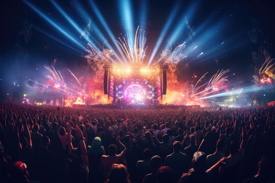 Massive crowd dancing at an edm music festival