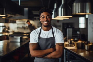 Young male african american chef smiling while working in a restaurant kitchen