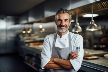 Middle aged british caucasian chef working in a restaurant kitchen smiling portrait