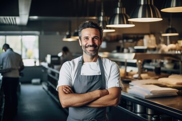 Middle aged british caucasian chef working in a restaurant kitchen smiling portrait