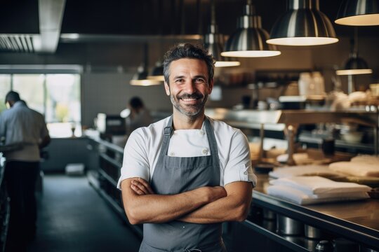 Middle Aged British Caucasian Chef Working In A Restaurant Kitchen Smiling Portrait