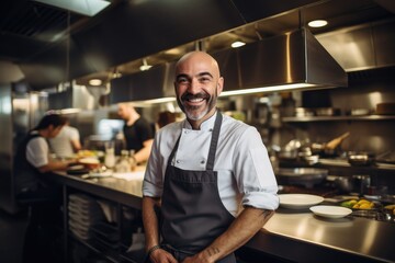 Fototapeta na wymiar Middle aged american caucasian chef working in a restaurant kitchen smiling portrait