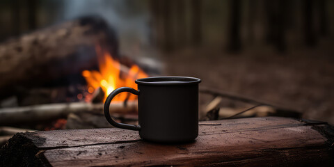 Lifestyle photograph of a simple matte metal coffee mug by the campfire. Creative wallpaper for camping and camping equipment and utensils. - obrazy, fototapety, plakaty