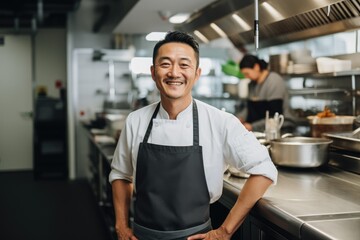 Fototapeta na wymiar Middle aged chinese chef working and preparing food in a restaurant kitchen smiling portrait