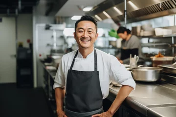 Fotobehang Middle aged chinese chef working and preparing food in a restaurant kitchen smiling portrait © NikoG