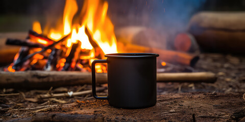 Lifestyle photograph of a simple matte metal coffee mug by the campfire. Creative wallpaper for camping and camping equipment and utensils.