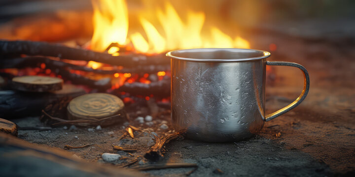 Lifestyle photograph of a simple matte metal coffee mug by the campfire. Creative wallpaper for camping and camping equipment and utensils.
