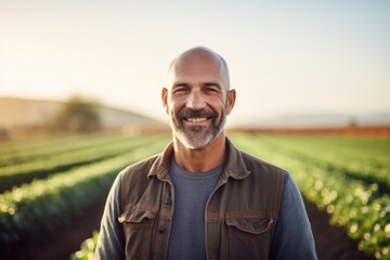 Middle aged caucasian farming smiling on his farm field