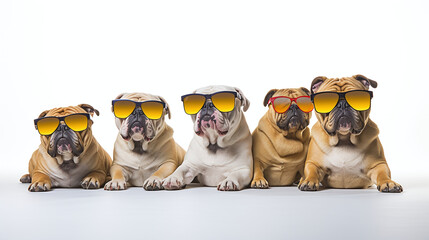 Bulldog Family Ensemble: Four Sunglasses-Wearing Bulldogs Strike a Pose in Studio Dog Portraits against a White Background
