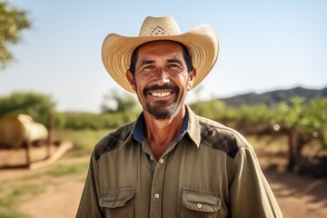 Middle aged latin male farmer working on a farm field smiling portrait