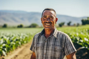 Fotobehang middle aged male mexican farmer smiling and working on a farm field portrait © NikoG