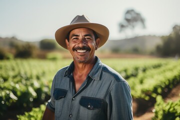 middle aged male mexican farmer smiling and working on a farm field portrait