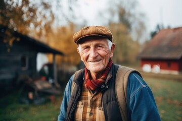 Naklejka na ściany i meble Senior caucasian male farmer smiling portrait on a farm