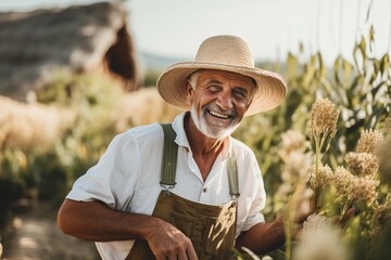 Fototapeta premium Senior caucasian male farmer smiling portrait on a farm