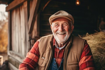 Senior caucasian male farmer smiling portrait on a farm - obrazy, fototapety, plakaty