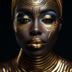 closeup portrait of an African American woman with gold makeup tribal style
