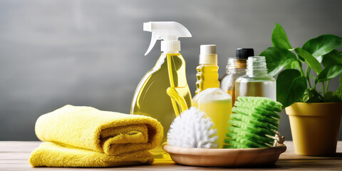 Natural Cleaning Products. Brushes, sponges, rubber gloves and natural cleaning products in the basket. Eco - friendly cleaning products concept. 