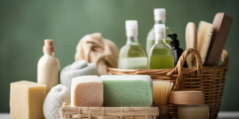Natural Cleaning Products. Brushes, sponges, rubber gloves and natural cleaning products in the basket. Eco - friendly cleaning products concept. 