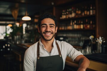 Young male latin waiter working in a cafe bar in the city portrait