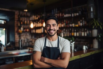 Young male latin waiter working in a cafe bar in the city portrait - obrazy, fototapety, plakaty