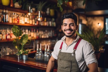 Young male latin bartender working in a cafe bar in the city
