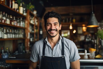 Fototapeta premium Young male latin bartender working in a cafe bar in the city