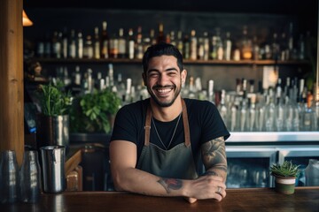 Young male latin bartender working in a cafe bar in the city