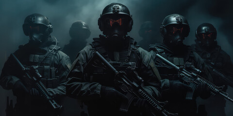 Fototapeta premium Soldiers in their uniforms standing in shadow, smokey dark background. Creative Army enlistment, militia, war and mobilization banner.