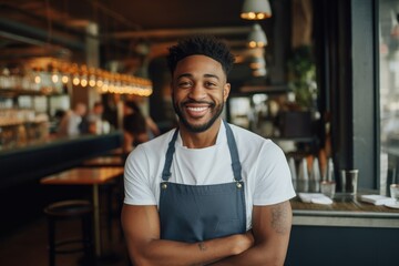 Fototapeta premium Young male african american bartender working in a cafe bar in the city portrait