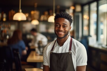 Young male african american bartender working in a cafe bar in the city portrait