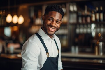 Young male african american waiter working in a cafe bar in the city portrait