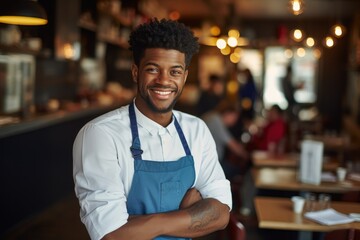Young male african american waiter working in a cafe bar in the city portrait