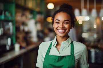 Young female african american waitress working in a cafe bar in the city