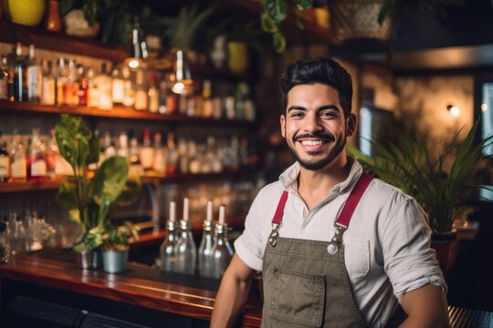Young male latin bartender working in a cafe bar in the city