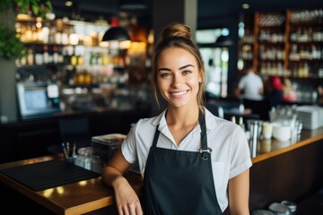 Portrait of a young female bartender working in a cafe bar in the city