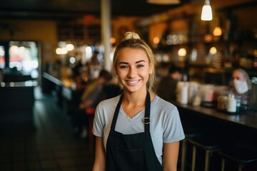 Portrait of a young female bartender working in a cafe bar in the city