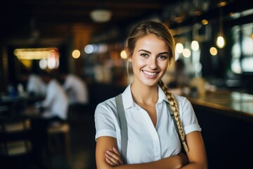 Portrait of a young female bartender working in a cafe bar in the city