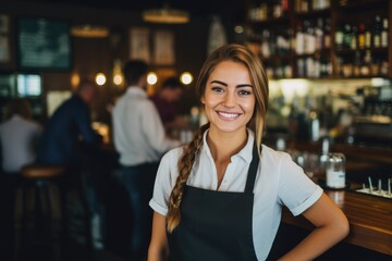 Young female waitress working in a cafe bar smiling - obrazy, fototapety, plakaty